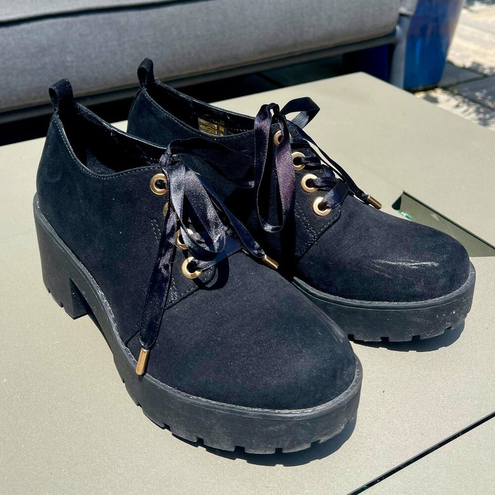 Attitude - Black Suede lace up chunky heel dress shoes.
